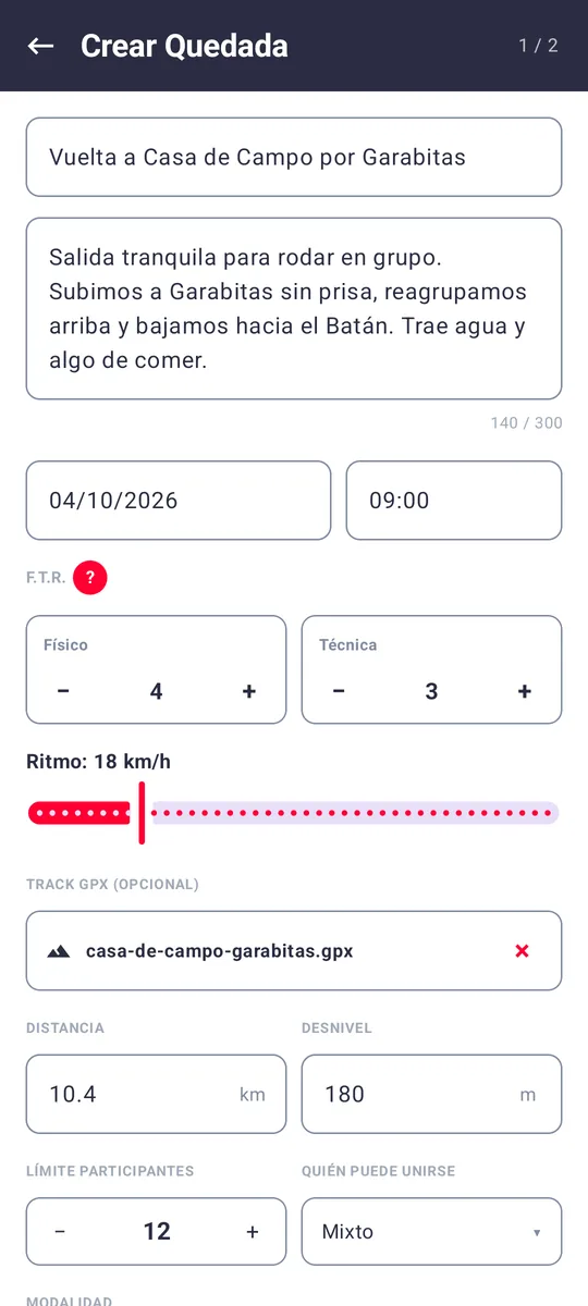 Crear quedada en Weklos: Físico 4, Técnico 3, ritmo 18 km/h y track GPX adjunto