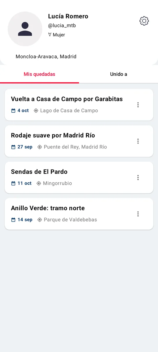 Perfil de ciclista en Weklos con sus quedadas