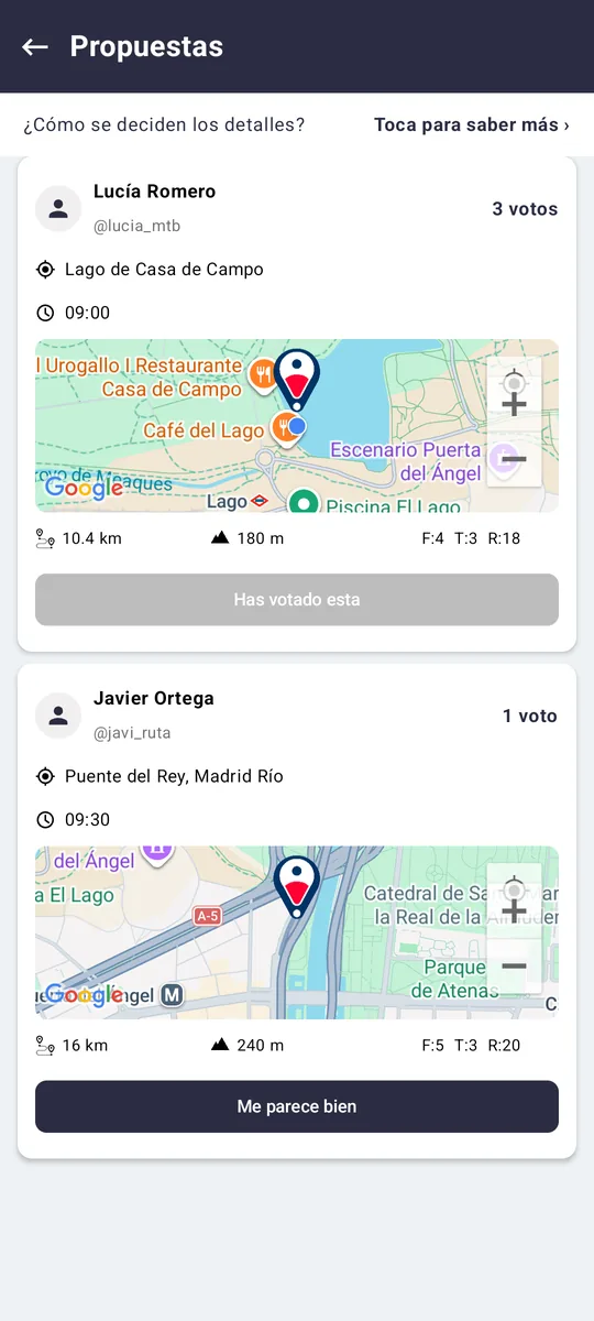 Propuestas de una quedada en Weklos: cada una con su punto de salida, mapa, FTR y votos