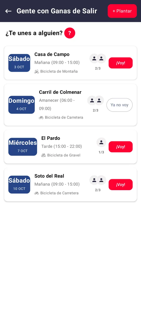 Pantalla de semillas en la app Weklos: ciclistas con ganas de salir por zona y franja